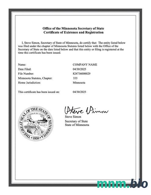Certyfikat istnienia i rejestracji w USA Minnesota oraz szablon PDF